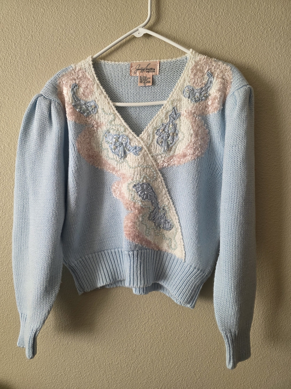 Jaclyn Smith Light Blue V-Neck Sweater with Pink & Cream Embroidery